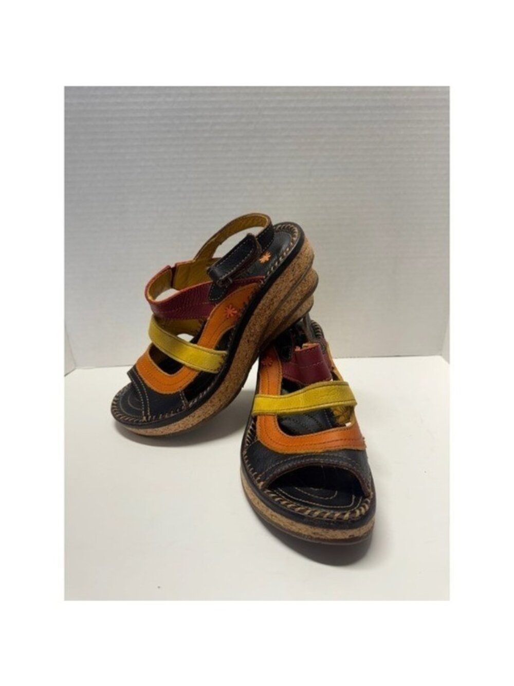 Art Company 992 Multi Color Leather Cork Wedge Platform Sandals Womens 39 8.5